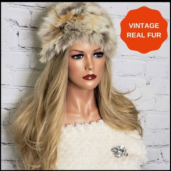 Vintage Accessories - VINTAGE Fox Fur Multicolor Cream Winter Hat